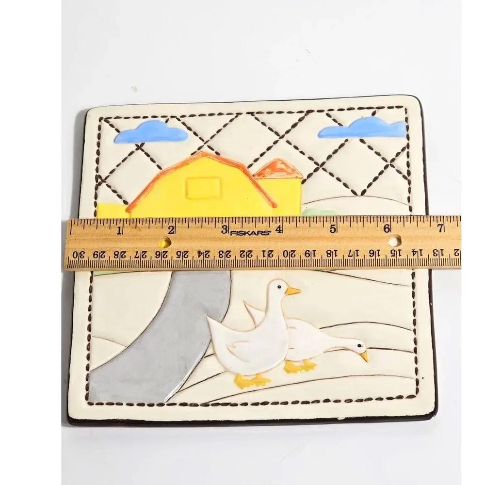 80s Vintage Farmhouse Geese Tile Quilted Trivet Wall Decor